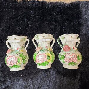 Vintage Wales Miniature Wall Vases With Floral  Hand Painted Set Of 3